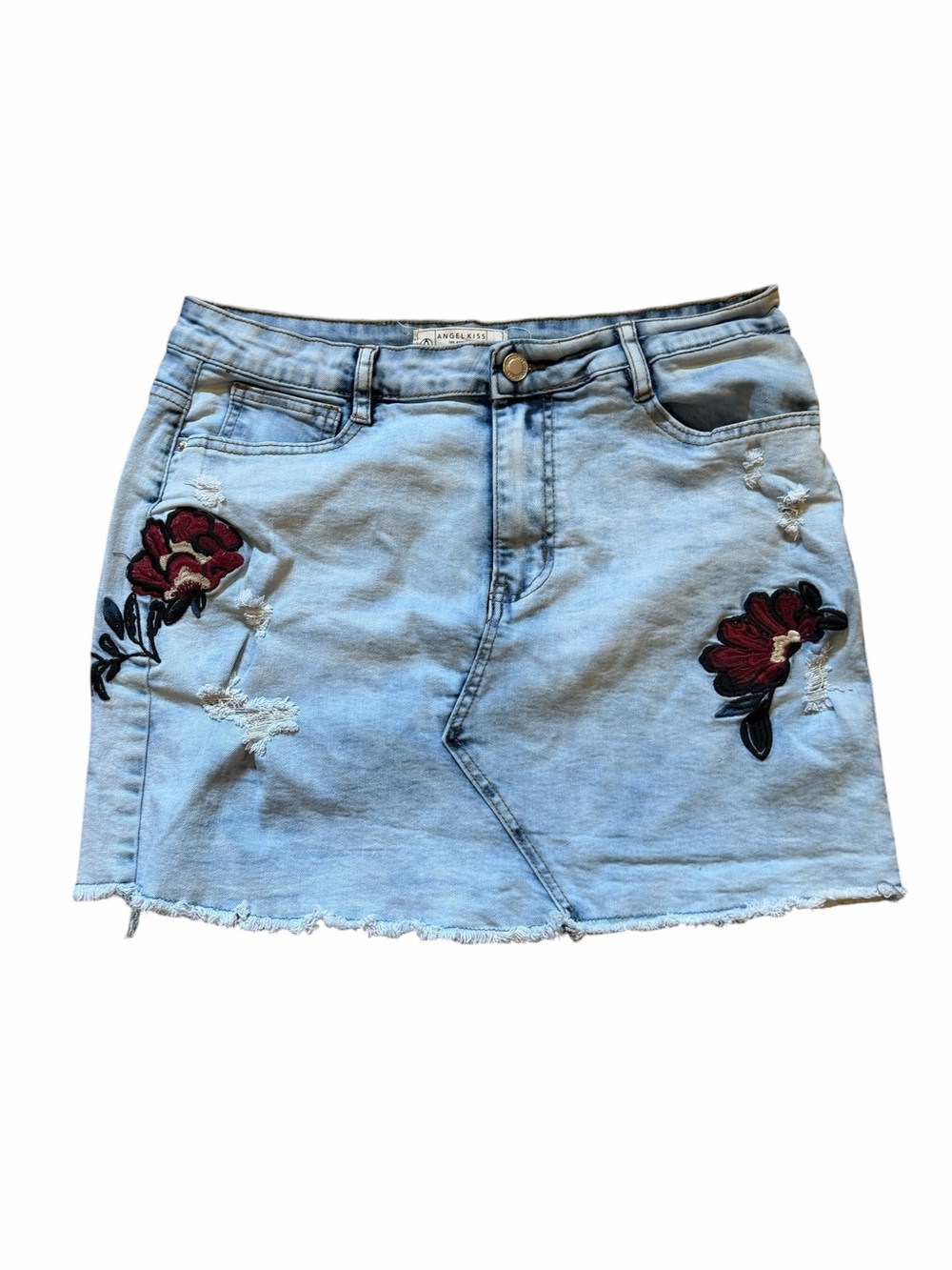 Angel Kiss Light Blue Denim Mini Skirt with Red Floral Patches